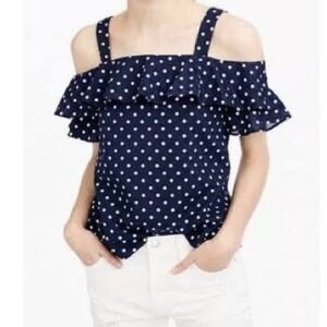 J. Crew Navy/White Polka Dot Ruffled Short Sleeve Cold Shoulder